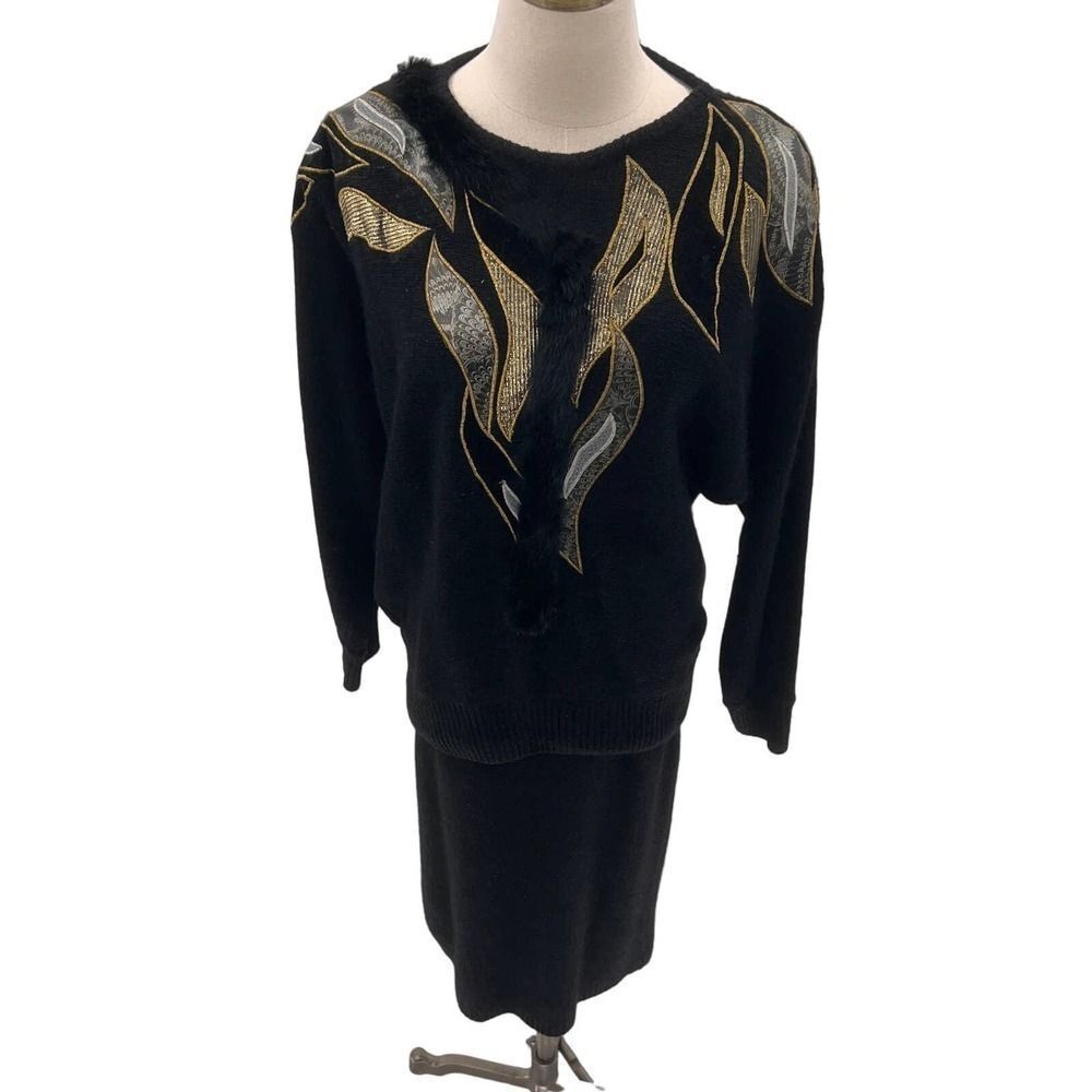 Vintage Nilani 2pc Black/Gold Pull Over Silk/Angora Sweater & LongPencil Skirt-M